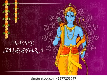 easy to edit vector illustration of Lord Rama in Happy Dussehra background showing festival of India