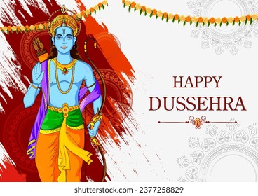 easy to edit vector illustration of Lord Rama in Happy Dussehra background showing festival of India