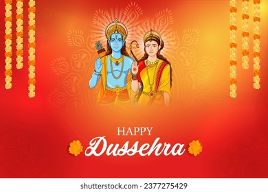 easy to edit vector illustration of Lord Rama and Sita  in Happy Dussehra background showing festival of India