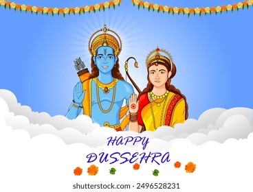 easy to edit vector illustration of Lord Rama and Sita n Happy Dussehra background showing festival of India