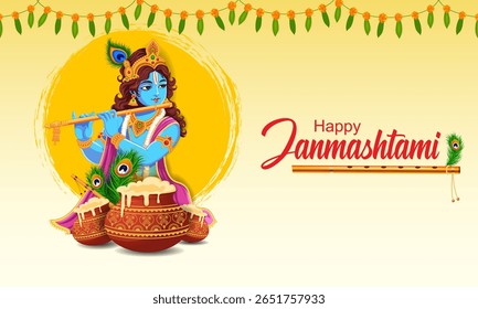 easy to edit vector illustration of Lord Krishna playing flute on Happy Janmashtami holiday Indian festival greeting background