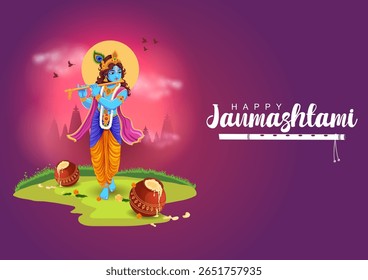 fácil de editar ilustração vetorial de Lord Krishna tocando flauta no feliz feriado de Janmashtami Indian festival saudação fundo