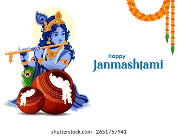 fácil de editar ilustração vetorial de Lord Krishna tocando flauta no feliz feriado de Janmashtami Indian festival saudação fundo