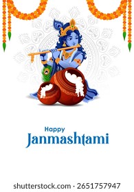 easy to edit vector illustration of Lord Krishna playing flute on Happy Janmashtami holiday Indian festival greeting background