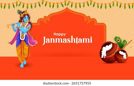 easy to edit vector illustration of Lord Krishna playing flute on Happy Janmashtami holiday Indian festival greeting background
