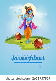 fácil de editar ilustração vetorial de Lord Krishna tocando flauta no feliz feriado de Janmashtami Indian festival saudação fundo