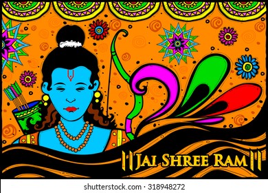 easy to edit vector illustration of Lord Rama with bow and arrow with message Victory to Lord Rama in Indian art style