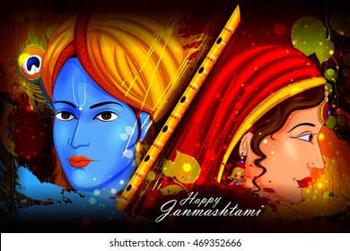 easy to edit vector illustration of Lord Krishna and Radha on Happy Janmashtami background