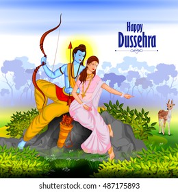 easy to edit vector illustration of Lord Rama and Sita in Happy Dussehra background showing festival of India