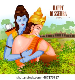 easy to edit vector illustration of Lord Rama and Hanuman in Happy Dussehra background showing festival of India