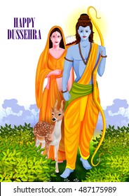 easy to edit vector illustration of Lord Rama and Sita in Happy Dussehra background showing festival of India