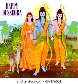 easy to edit vector illustration of Lord Rama Laxmana and Sita in Happy Dussehra background showing festival of India