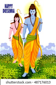 easy to edit vector illustration of Lord Rama and Laxmana in Happy Dussehra background showing festival of India