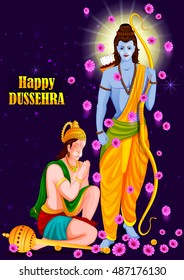 easy to edit vector illustration of Lord Rama and Hanuman in Happy Dussehra background showing festival of India