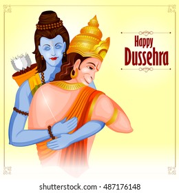 easy to edit vector illustration of Lord Rama and Hanuman in Happy Dussehra background showing festival of India