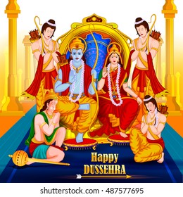 easy to edit vector illustration of Lord Rama Sita with Laxmana and Hanuman in Happy Dussehra background showing festival of India