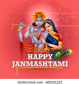 easy to edit vector illustration of Lord Krishna and Radha on Happy Janmashtami background