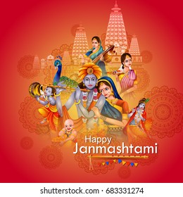 fácil editar ilustración vectorial de Lord Krishna y Radha en feliz fondo Janmashtami