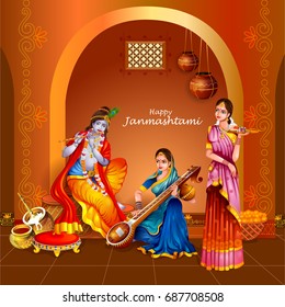 easy to edit vector illustration of Lord Krishna and Radha on Happy Janmashtami background