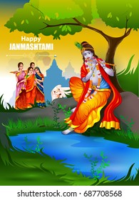 easy to edit vector illustration of Lord Krishna and Radha on Happy Janmashtami background