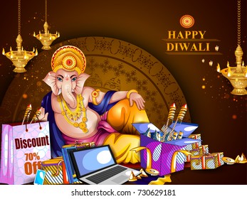 easy to edit vector illustration of Lord Ganesha for Happy Diwali shopping sale offer background