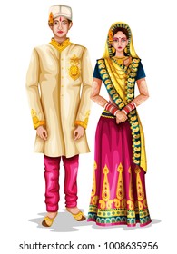 easy to edit vector illustration of Madhya Pradeshi wedding couple in traditional costume of Madhya Pradesh, India