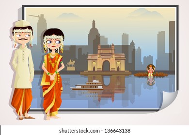 easy to edit vector illustration of Maharashtrian wedding couple