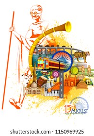 fácil de editar Ilustración vectorial de Mahatma Gandhi con el monumento y el Lugar famoso de la India en el fondo de la celebración del Día de la Independencia India