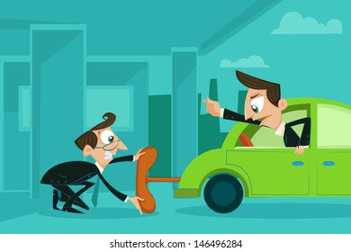 easy to edit vector illustration of man turning wind up key in car showing clean fuel