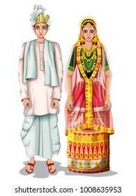 easy to edit vector illustration of Manipuri wedding couple in traditional costume of Manipur, India