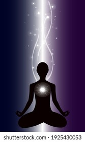 easy to edit vector illustration A meditating person in the lotus position. Yoga classes. Human energy, aura. The stars are shining. Black silhouette.Dark background. Vector