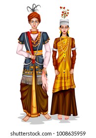 easy to edit vector illustration of Meghalayan wedding couple in traditional costume of Meghalaya, India