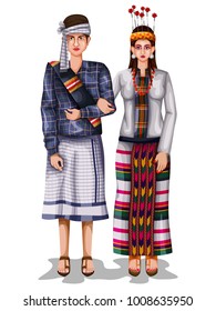 fácil de editar ilustración vectorial de la pareja matrimonial Mizo con traje tradicional de Mizoram, India