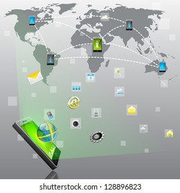 easy to edit vector illustration of mobile application coming out of screen