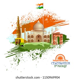 easy to edit vector illustration of Monument and Landmark of India on Indian Independence Day celebration background