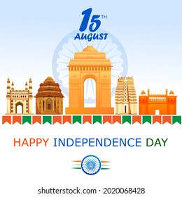 easy to edit vector illustration of Monument and Landmark of India on Indian Independence Day celebration background