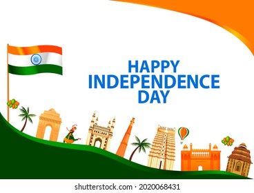 easy to edit vector illustration of Monument and Landmark of India on Indian Independence Day celebration background