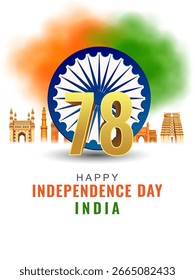 easy to edit vector illustration of Monument and Landmark of India on 78th Indian Independence Day celebration background