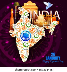 easy to edit vector illustration of Monument and Landmark of India on Indian Republic Day celebration background