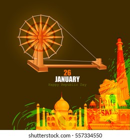 easy to edit vector illustration of Monument and Landmark of India on Indian Republic Day celebration background