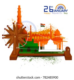 easy to edit vector illustration of Monument and Landmark of India on Indian Republic Day celebration background