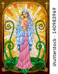 easy to edit vector illustration of Mother Mary with Jesus Christ in stained glass painting