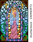 easy to edit vector illustration of Mother Mary with Jesus Christ in stained glass painting