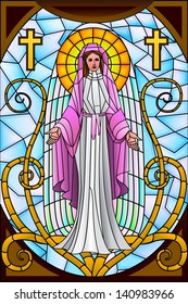 easy to edit vector illustration of Mother Mary in stained glass painting