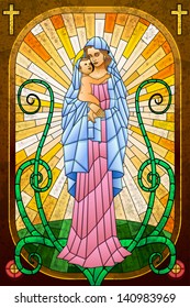 Easy To Edit Vector Illustration Of Mother Mary With Jesus Christ In Stained Glass Painting