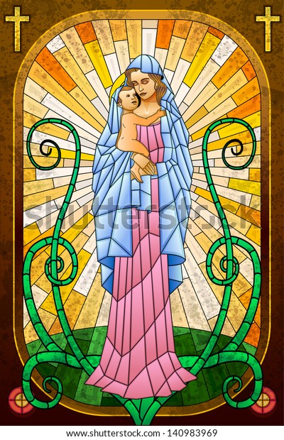 ステンドグラスの絵に描かれたマザー メアリーとイエス キリストのベクターイラストを簡単に編集できる のベクター画像素材 ロイヤリティフリー