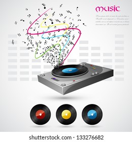 easy to edit vector illustration of musical notes coming out of turntable