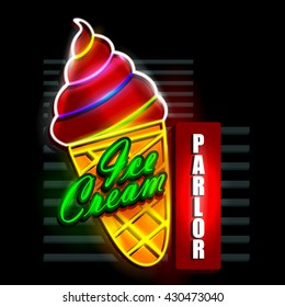 Easy To Edit Vector Illustration Of Neon Light Signboard For Ice Cream Parlor