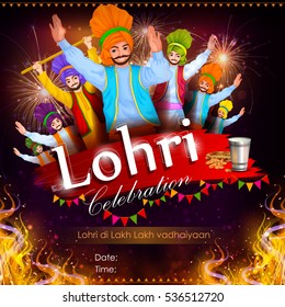 easy to edit vector illustration on festival of Punjab India background with punjabi message Lohri ki lakh lakh vadhaiyan meaning Happy wishes for Lohri 