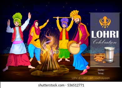 easy to edit vector illustration on festival of Punjab India background with punjabi message Lohri ki lakh lakh vadhaiyan meaning Happy wishes for Lohri 